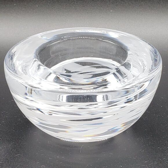 Kosta Boda MCM Swedish Thick Clear Crystal White Swirl Art Glass Tealight Holder - Picture 6 of 8